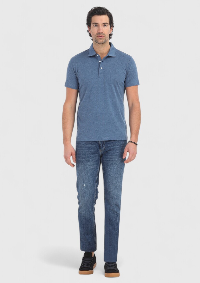 Lacivert Desenli Polo Yaka Pamuk Karışımlı T-Shirt - 1