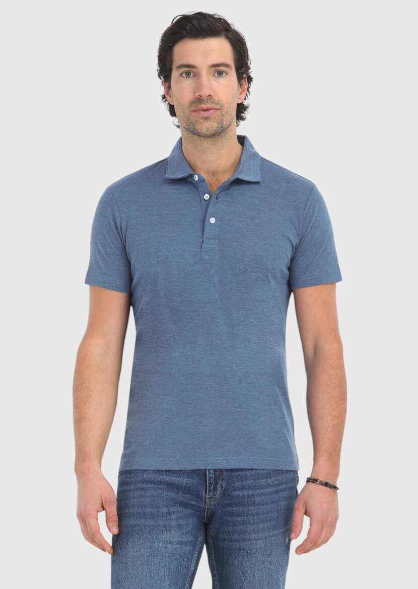 Lacivert Desenli Polo Yaka Pamuk Karışımlı T-Shirt 