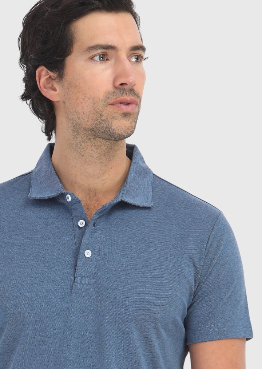 Lacivert Desenli Polo Yaka Pamuk Karışımlı T-Shirt - 3