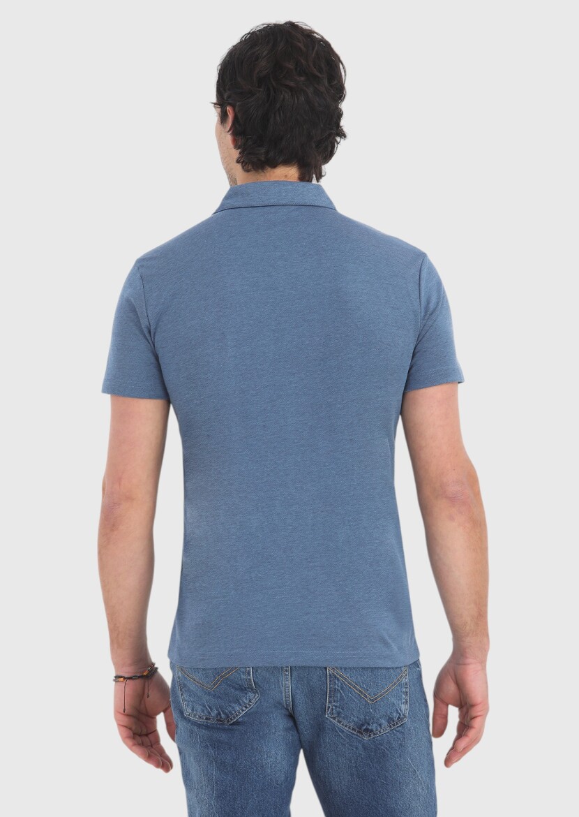 Lacivert Desenli Polo Yaka Pamuk Karışımlı T-Shirt - 4