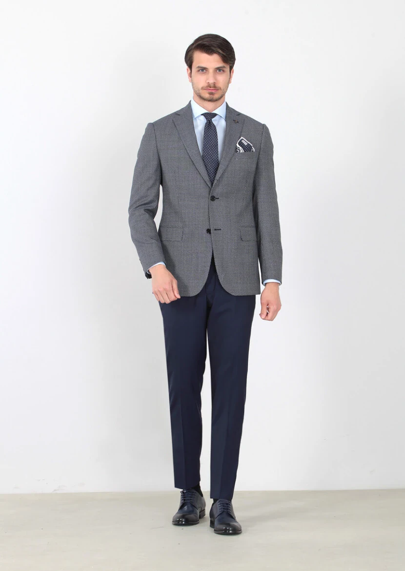 Lacivert Desenli Regular Fit %100 Yün Ceket - 1