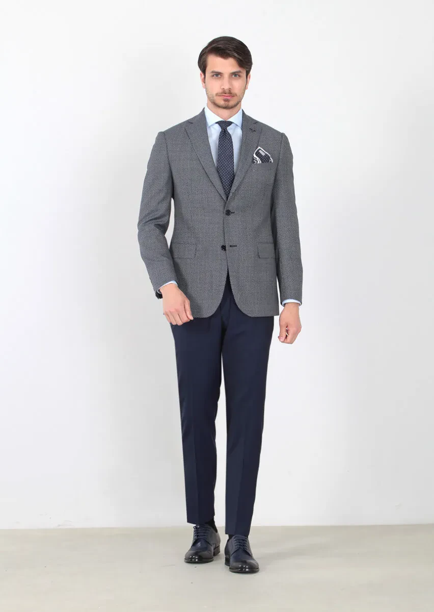 Lacivert Desenli Regular Fit %100 Yün Ceket - 1