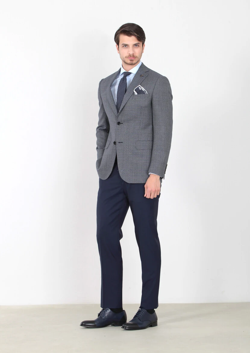 Lacivert Desenli Regular Fit %100 Yün Ceket - 2