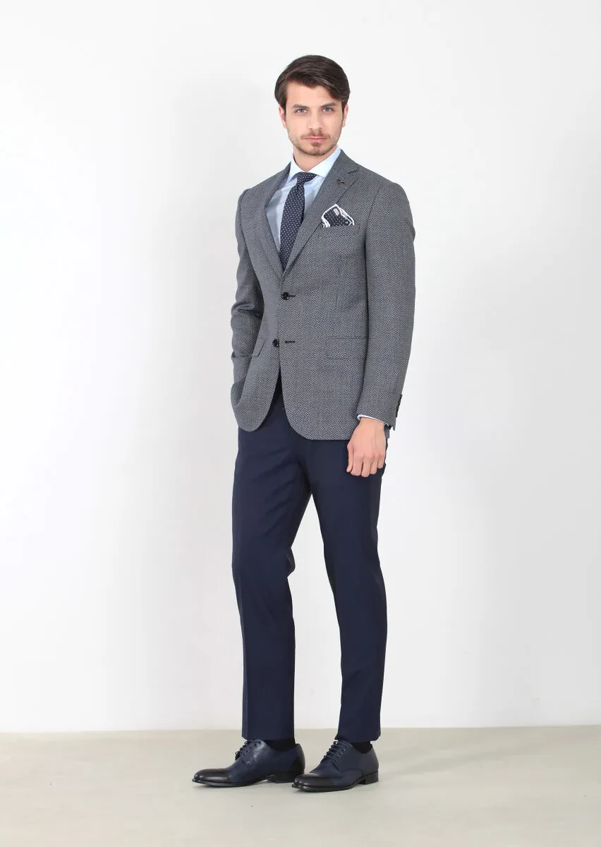 Lacivert Desenli Regular Fit %100 Yün Ceket - 2