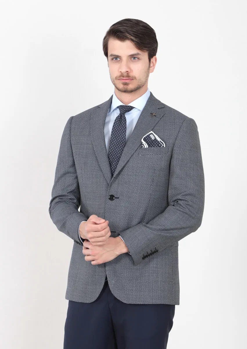 Lacivert Desenli Regular Fit %100 Yün Ceket - 3