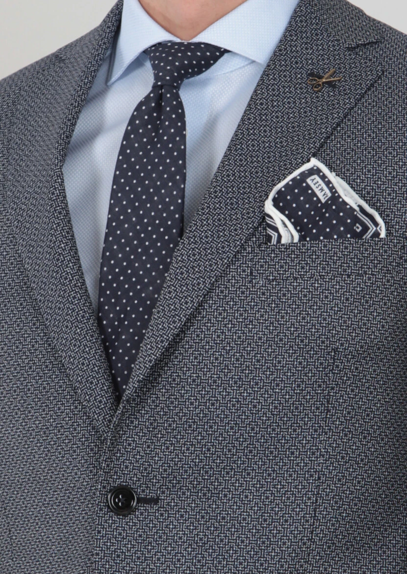 Lacivert Desenli Regular Fit %100 Yün Ceket - 4