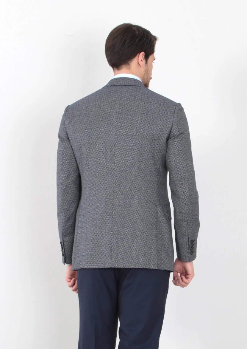 Lacivert Desenli Regular Fit %100 Yün Ceket - 5