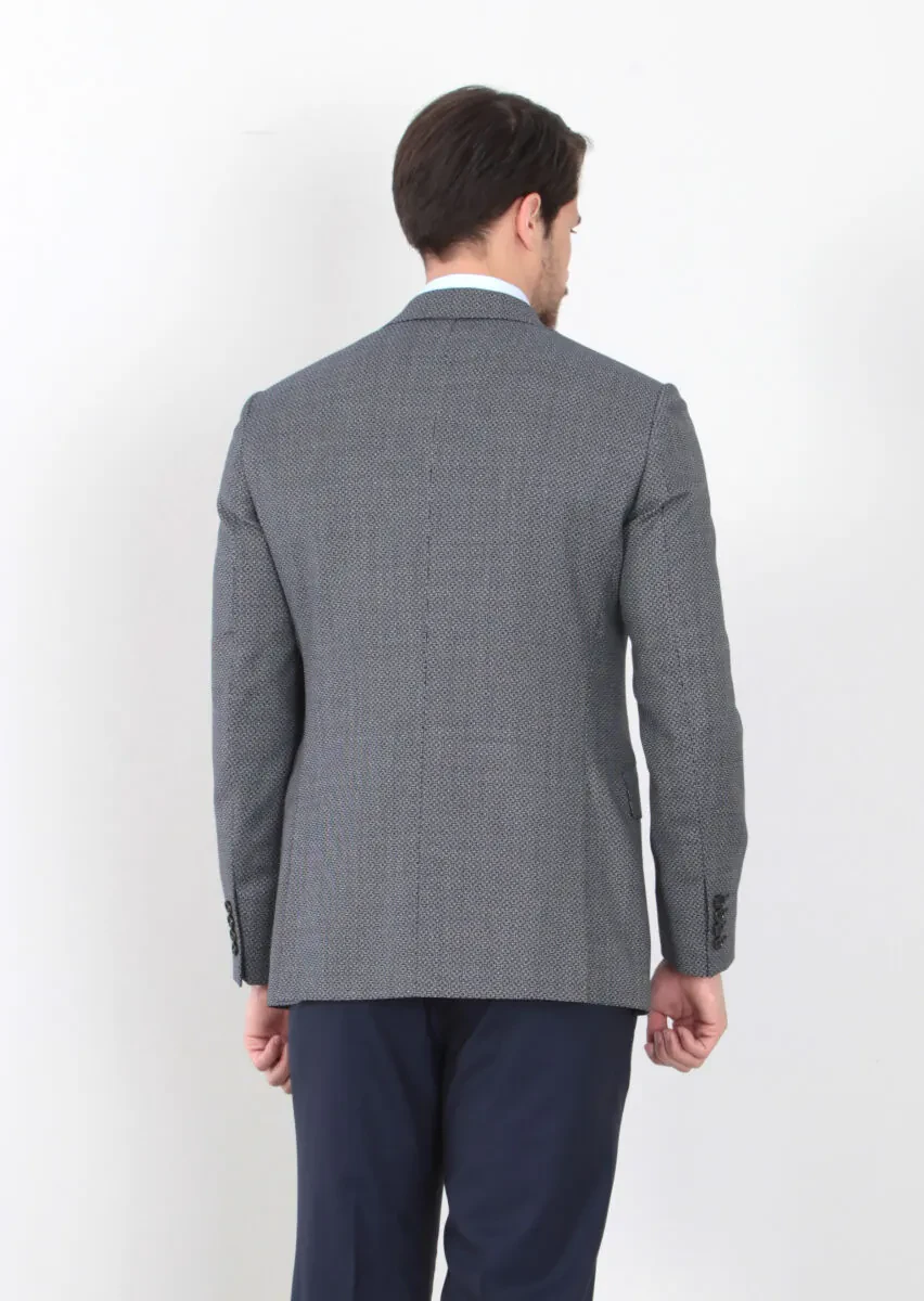 Lacivert Desenli Regular Fit %100 Yün Ceket - 5