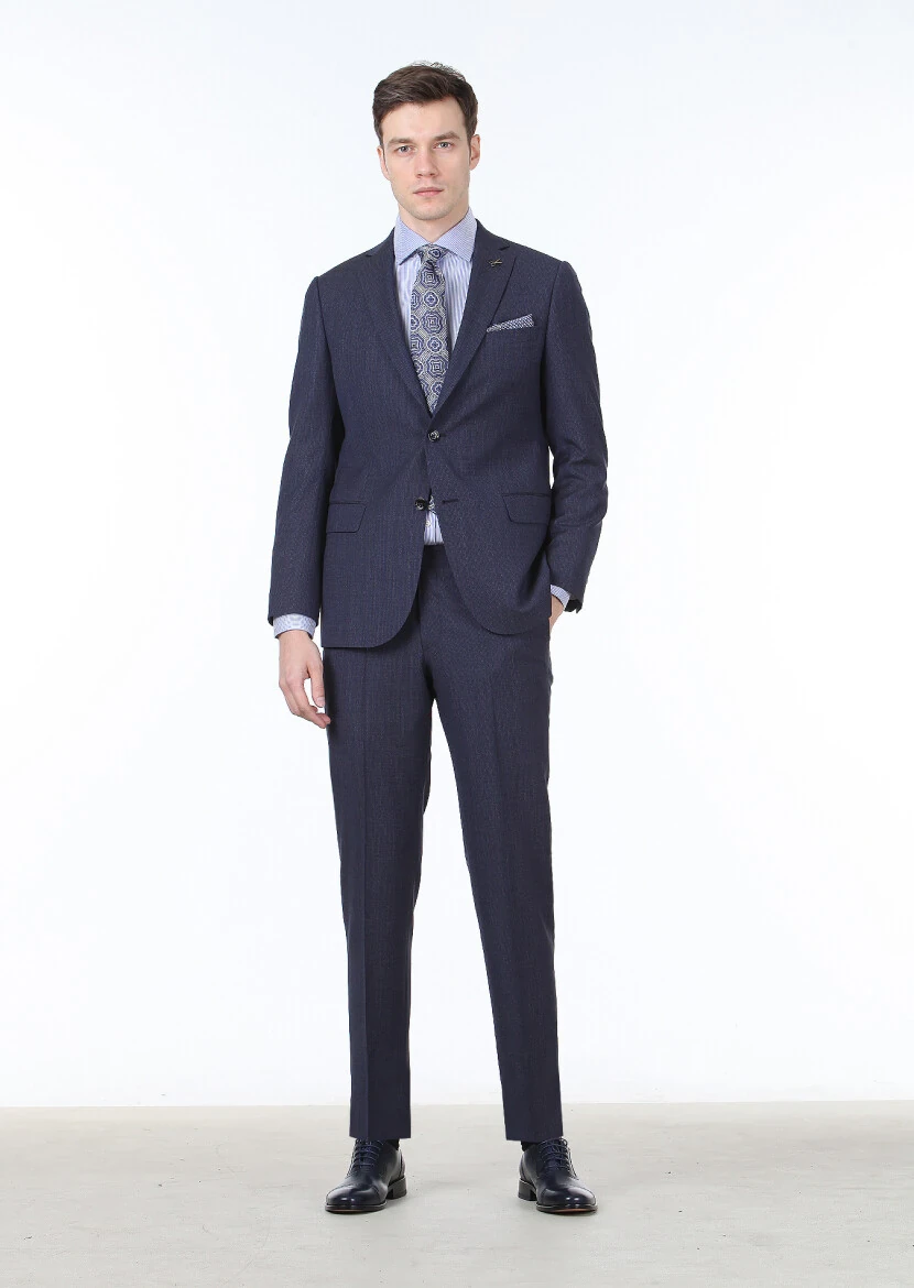 Lacivert Desenli Regular Fit %100 Yün Takım Elbise - 1