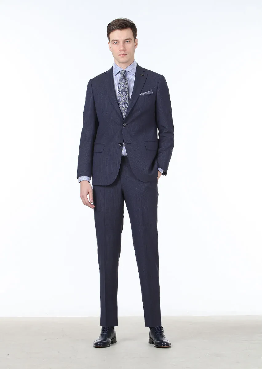 Lacivert Desenli Regular Fit %100 Yün Takım Elbise - 1