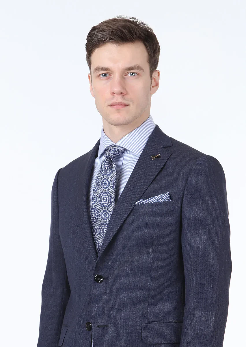 Lacivert Desenli Regular Fit %100 Yün Takım Elbise - 2