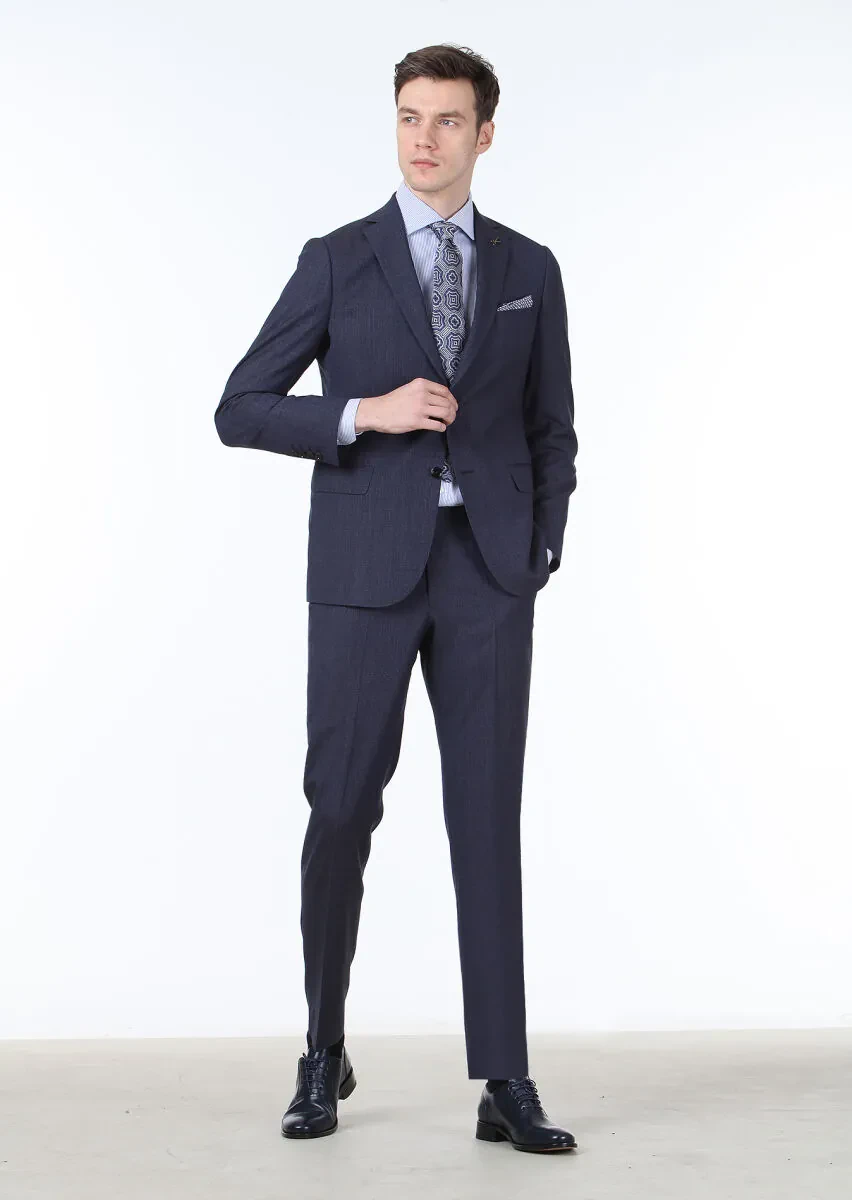 Lacivert Desenli Regular Fit %100 Yün Takım Elbise - 3