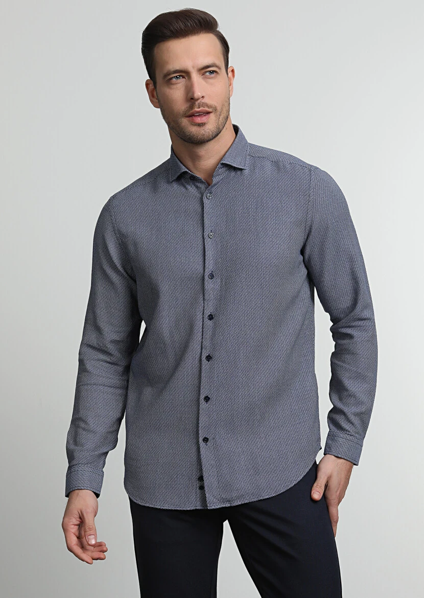 Lacivert Desenli Regular Fit Dokuma Casual Pamuk Karışımlı Gömlek - 1