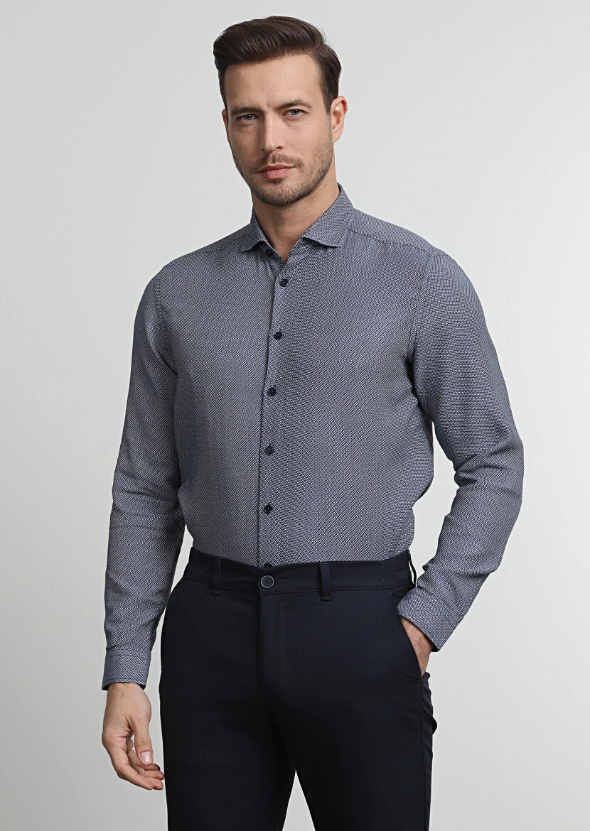 Lacivert Desenli Regular Fit Dokuma Casual Pamuk Karışımlı Gömlek - 3