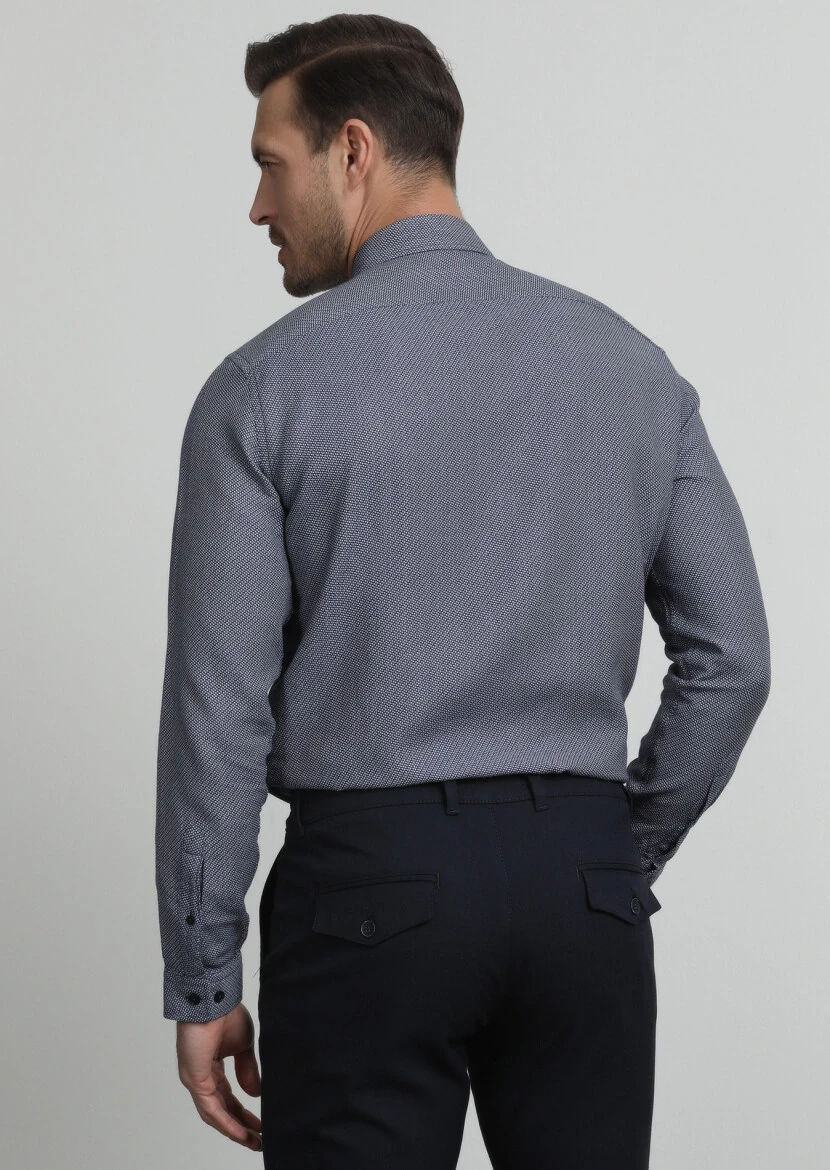 Lacivert Desenli Regular Fit Dokuma Casual Pamuk Karışımlı Gömlek - 4