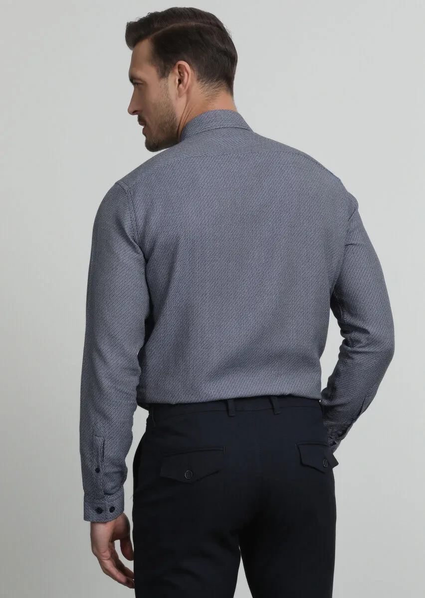 Lacivert Desenli Regular Fit Dokuma Casual Pamuk Karışımlı Gömlek - 4