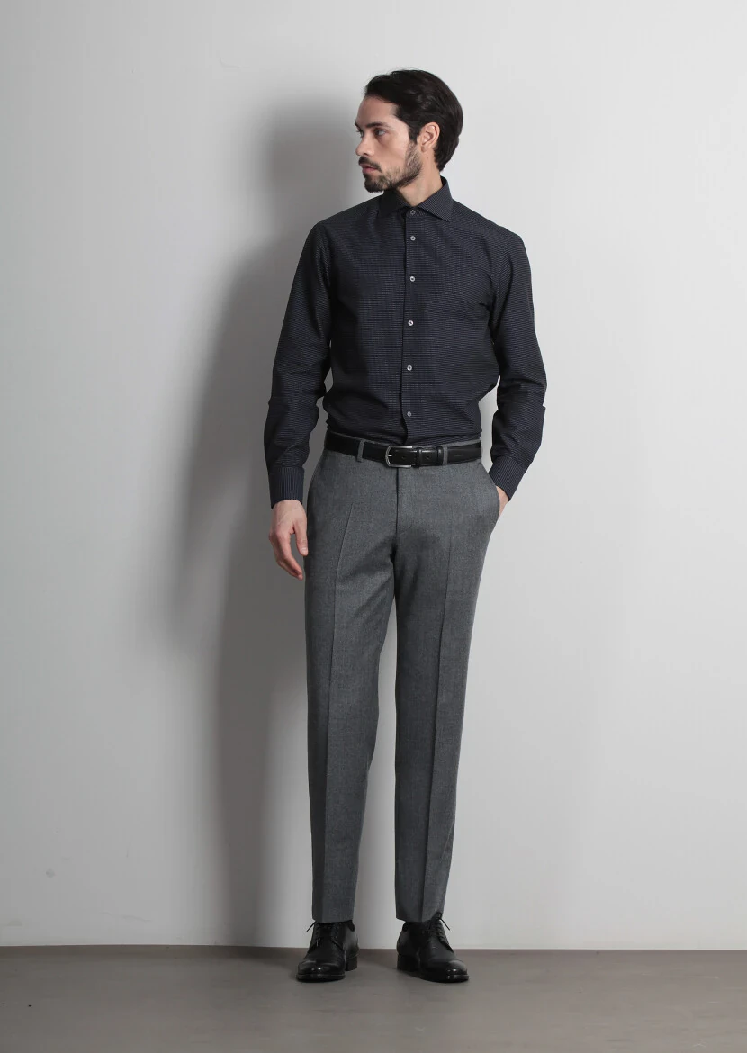 Lacivert Desenli Regular Fit Dokuma Klasik %100 Pamuk Gömlek - 1