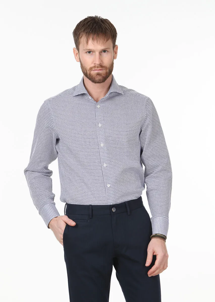 Lacivert Desenli Regular Fit Dokuma Klasik %100 Pamuk Gömlek - 1