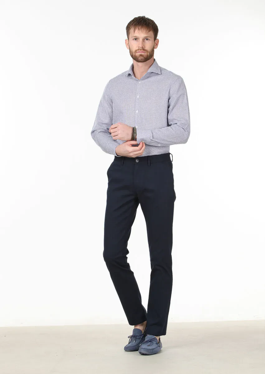 Lacivert Desenli Regular Fit Dokuma Klasik %100 Pamuk Gömlek - 2