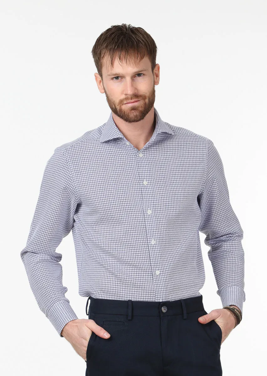 Lacivert Desenli Regular Fit Dokuma Klasik %100 Pamuk Gömlek - 3