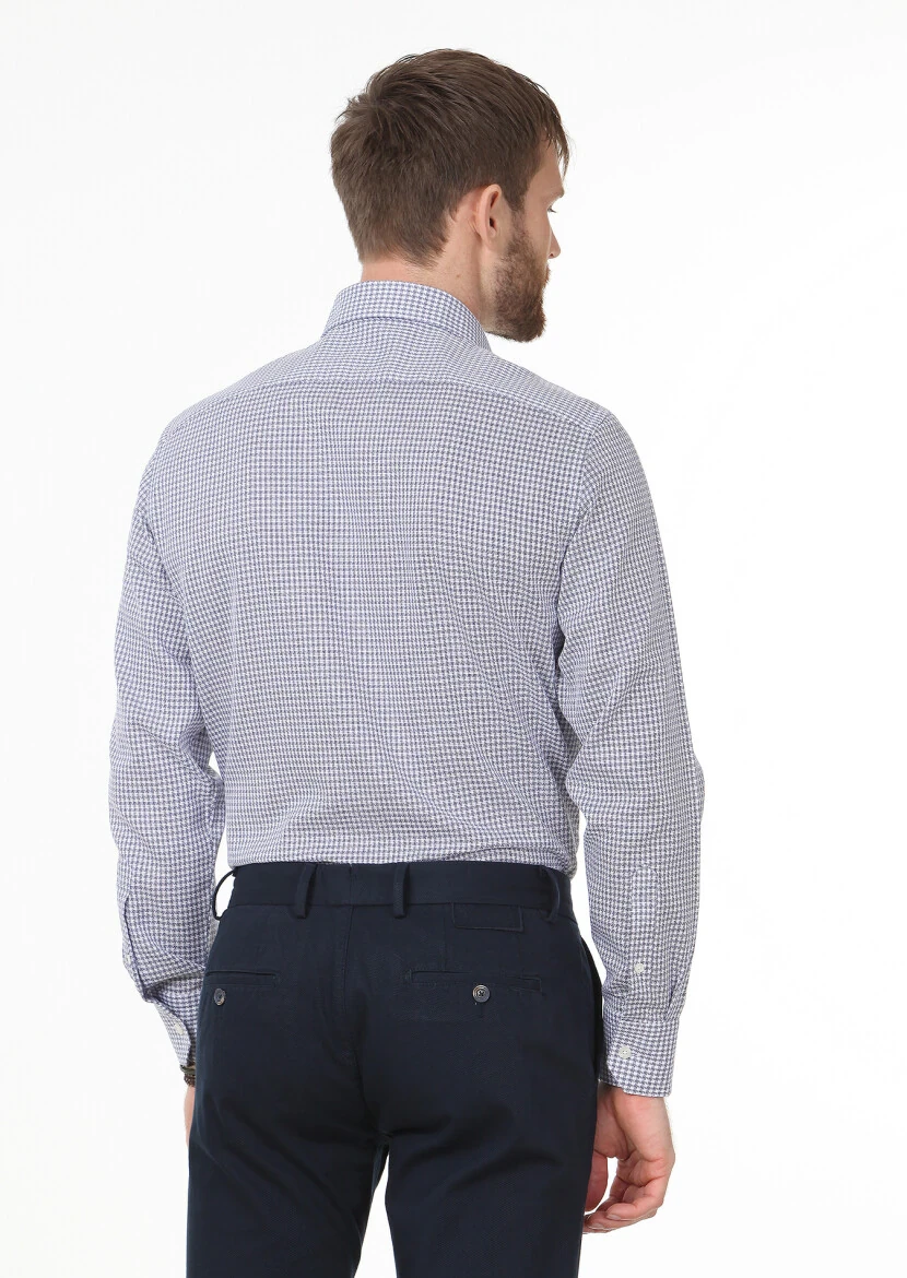 Lacivert Desenli Regular Fit Dokuma Klasik %100 Pamuk Gömlek - 4