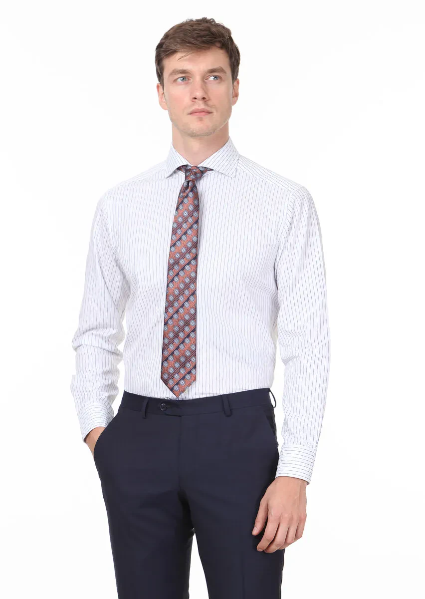 Lacivert Desenli Regular Fit Dokuma Klasik %100 Pamuk Gömlek - 1