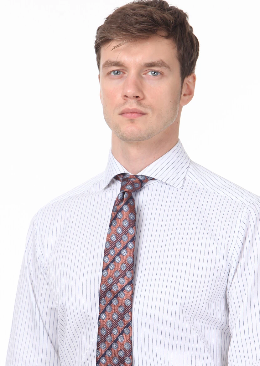 Lacivert Desenli Regular Fit Dokuma Klasik %100 Pamuk Gömlek - 2