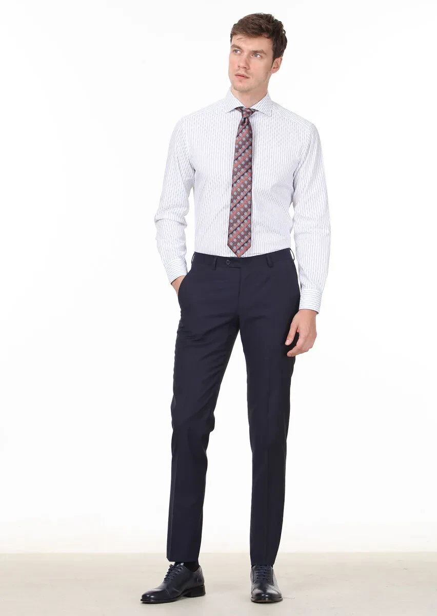 Lacivert Desenli Regular Fit Dokuma Klasik %100 Pamuk Gömlek - 3