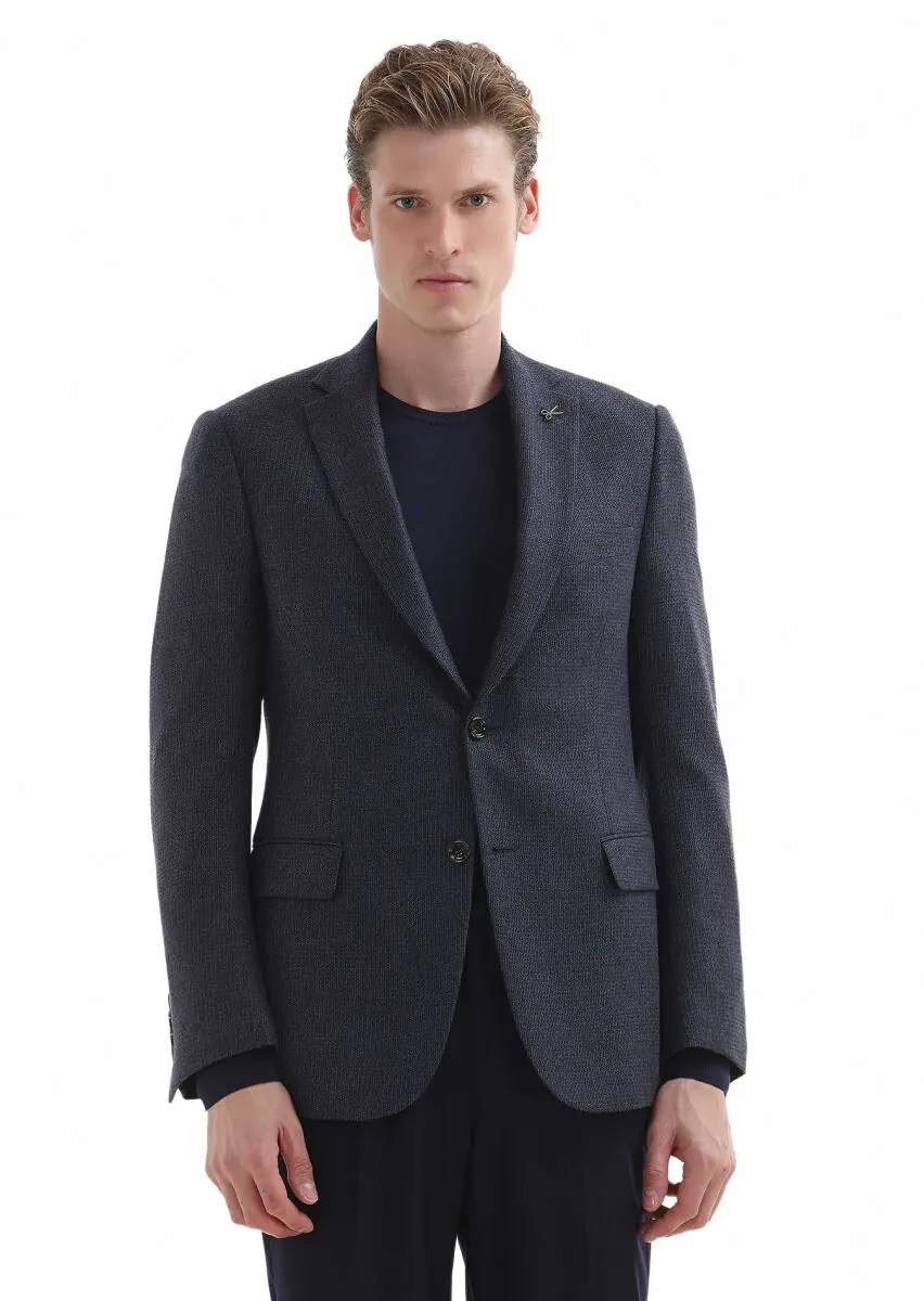 Lacivert Desenli Regular Fit İpek Karışımlı Ceket - 2