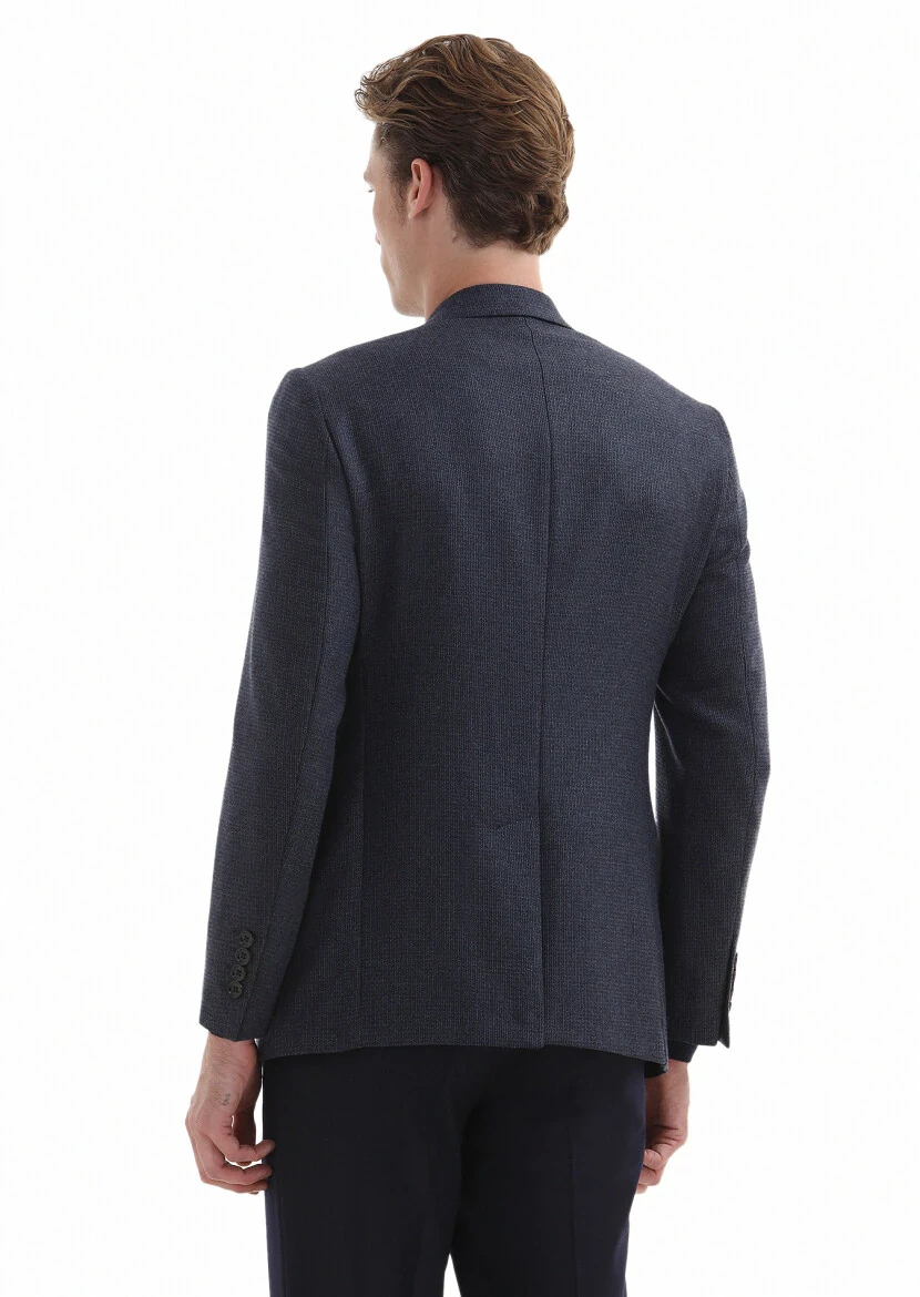 Lacivert Desenli Regular Fit İpek Karışımlı Ceket - 5