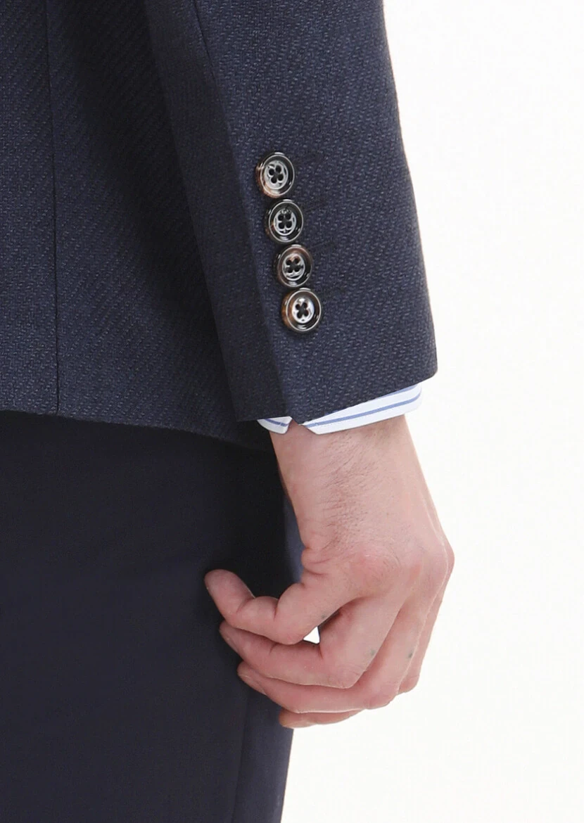 Lacivert Desenli Regular Fit Pamuk Karışımlı Ceket - 4