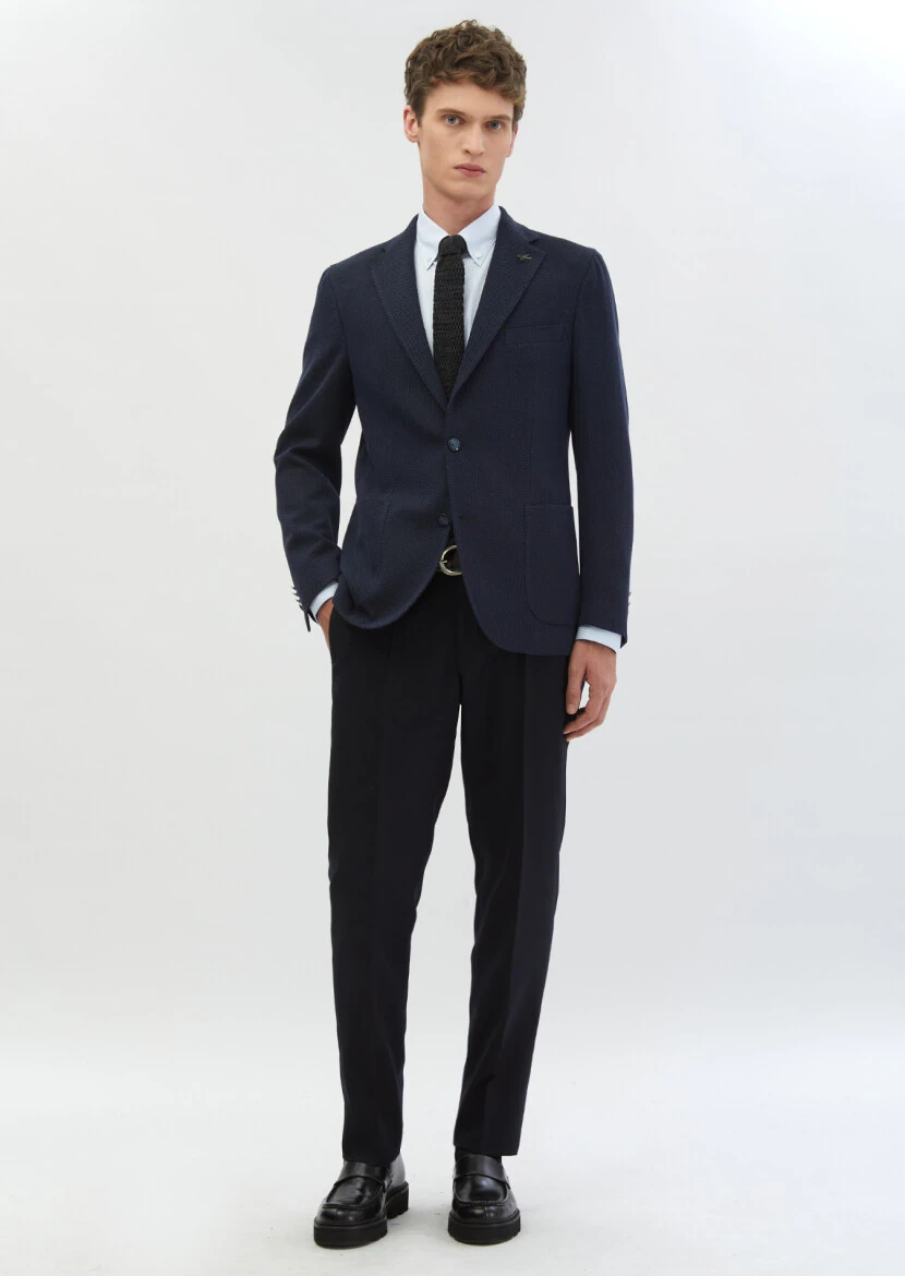 Lacivert Desenli Shirt Shoulder Slim Fit Pamuk Karışımlı Ceket - 2