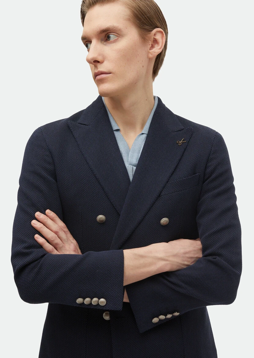 Lacivert Desenli Shirt Shoulder Slim Fit Pamuk Karışımlı Ceket - 4