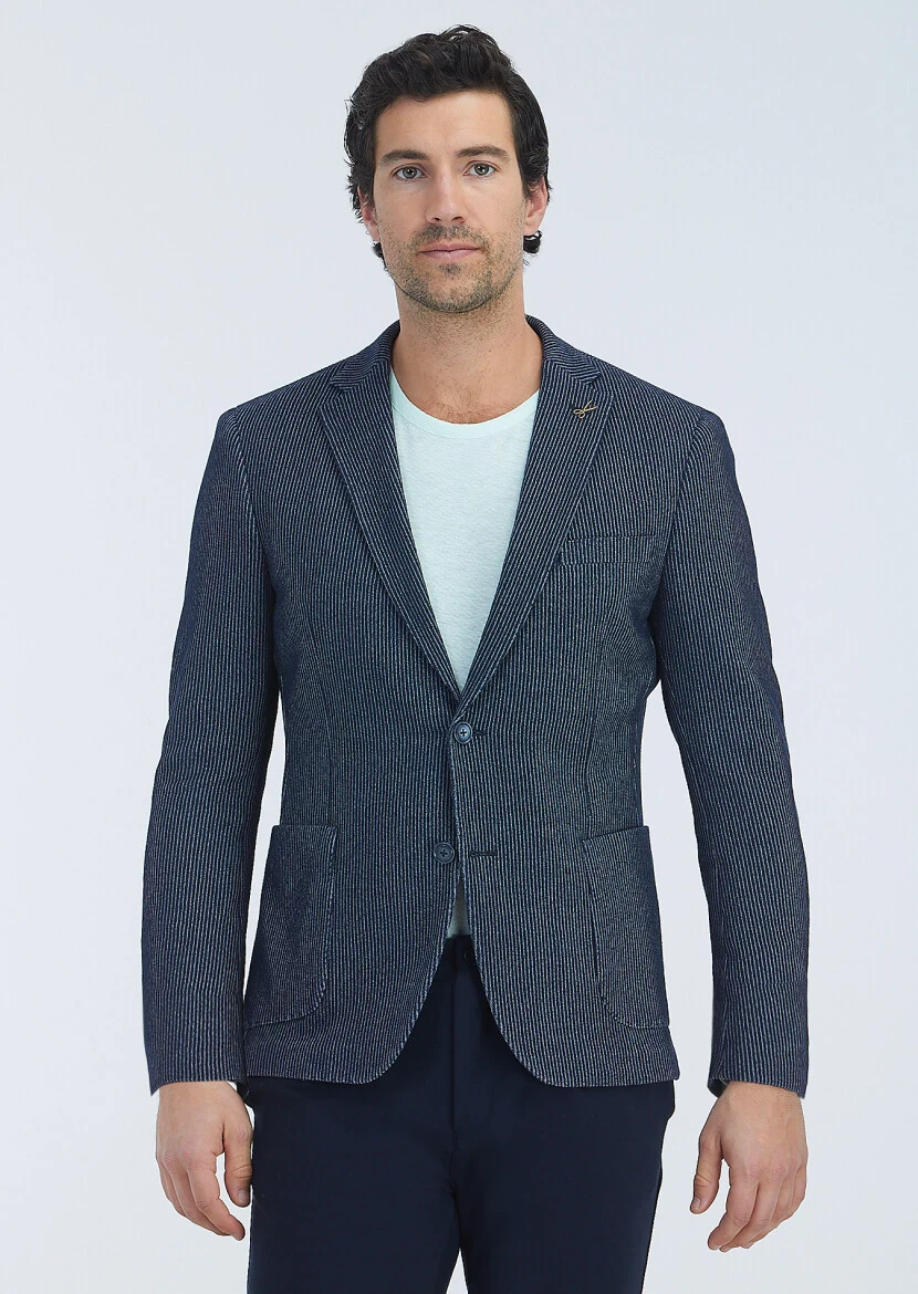 Lacivert Desenli Shirt Shoulder Slim Fit Pamuk Karışımlı Örme Ceket - RAMSEY