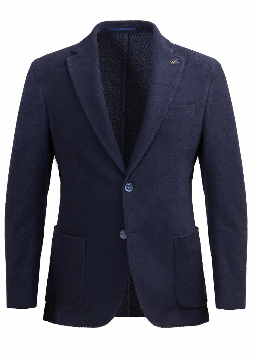 Lacivert Desenli Shirt Shoulder Slim Fit Pamuk Karışımlı Örme Ceket - 1