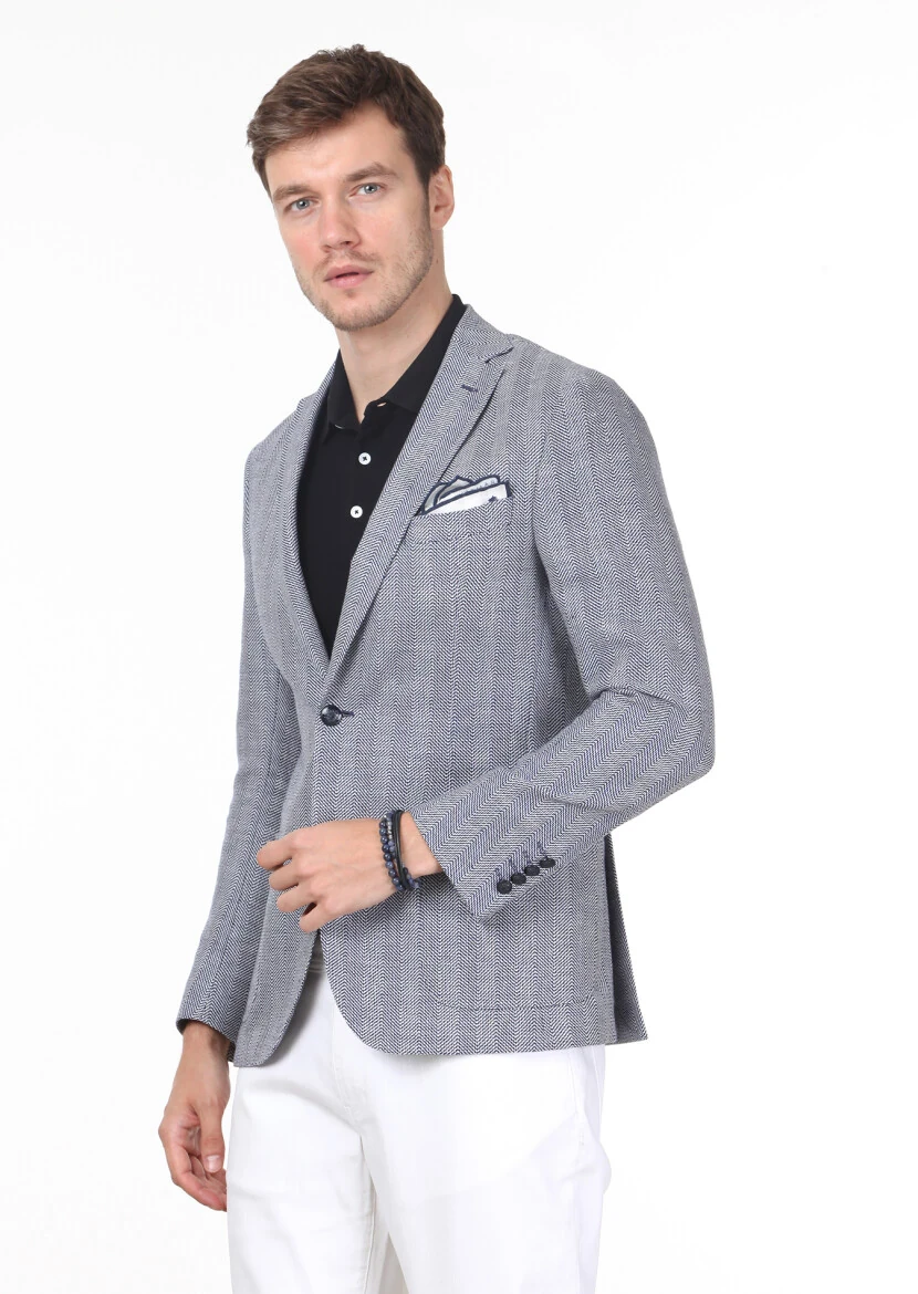 Lacivert Desenli Shirt Shoulder Slim Fit Yün Karışımlı Ceket - 1