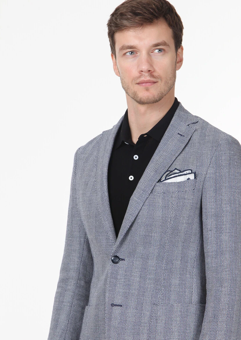 Lacivert Desenli Shirt Shoulder Slim Fit Yün Karışımlı Ceket - 2