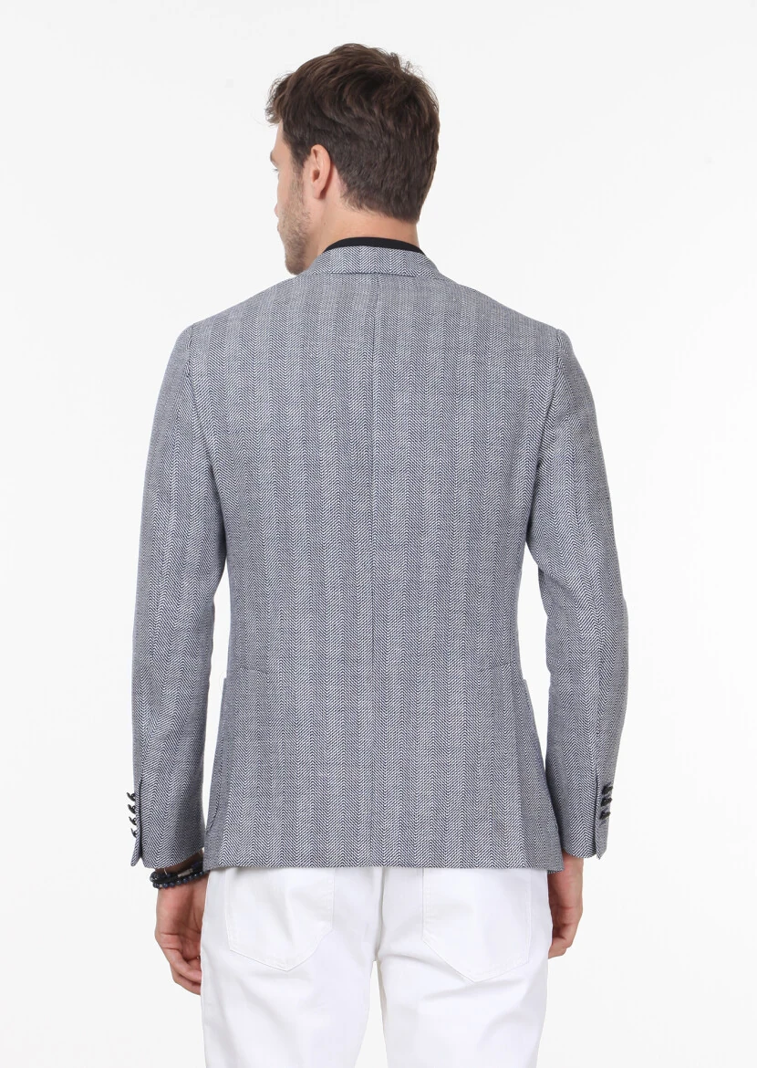 Lacivert Desenli Shirt Shoulder Slim Fit Yün Karışımlı Ceket - 4