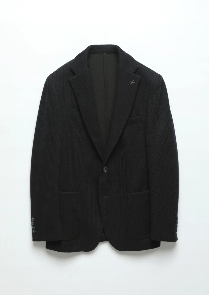 Lacivert Desenli Shirt Shoulder Slim Fit Yün Karışımlı Örme Ceket - 6