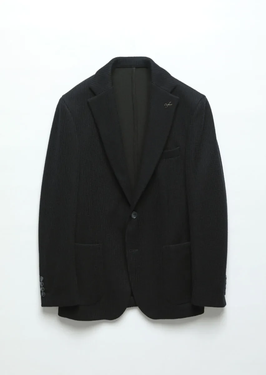 Lacivert Desenli Shirt Shoulder Slim Fit Yün Karışımlı Örme Ceket - 6