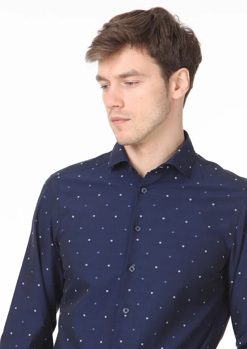 Lacivert Desenli Slim Fit Dokuma Casual %100 Pamuk Gömlek - 2