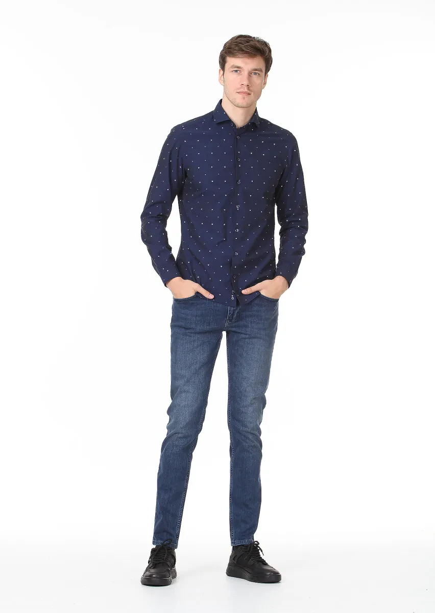 Lacivert Desenli Slim Fit Dokuma Casual %100 Pamuk Gömlek - 3