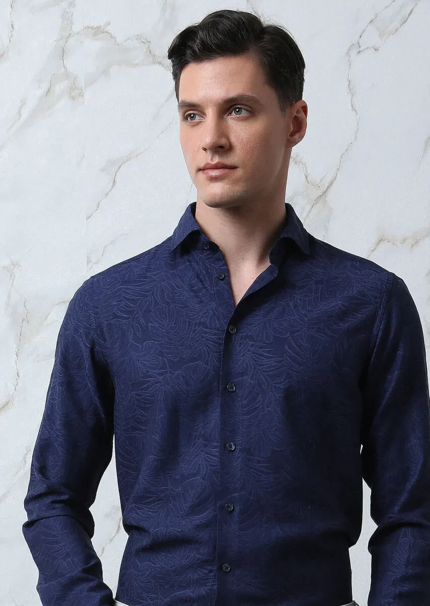 Lacivert Desenli Slim Fit Dokuma Casual Pamuk Karışımlı Gömlek - 4