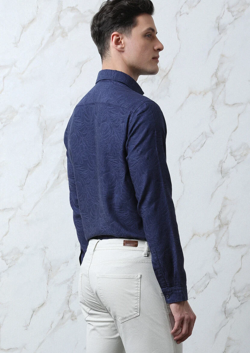 Lacivert Desenli Slim Fit Dokuma Casual Pamuk Karışımlı Gömlek - 5