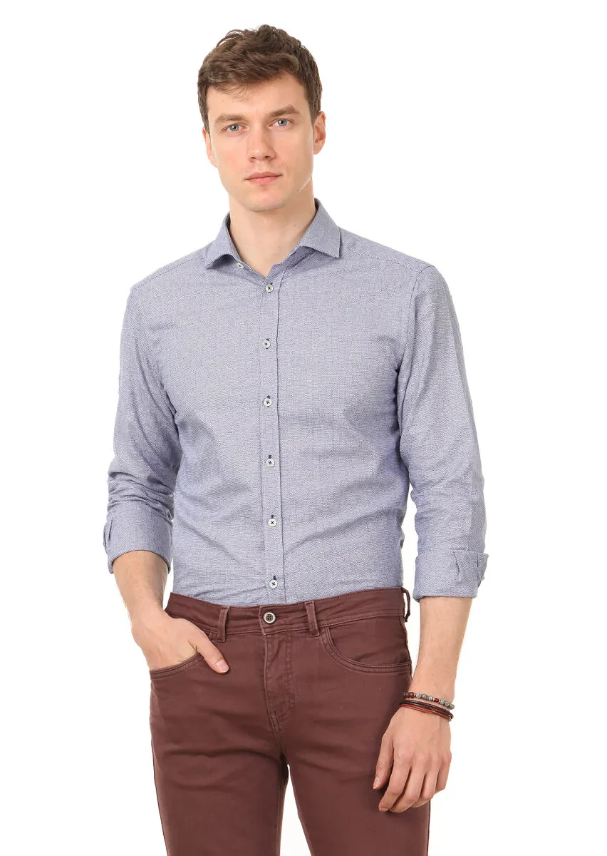 Lacivert Desenli Slim Fit Dokuma Klasik %100 Pamuk Gömlek - 1