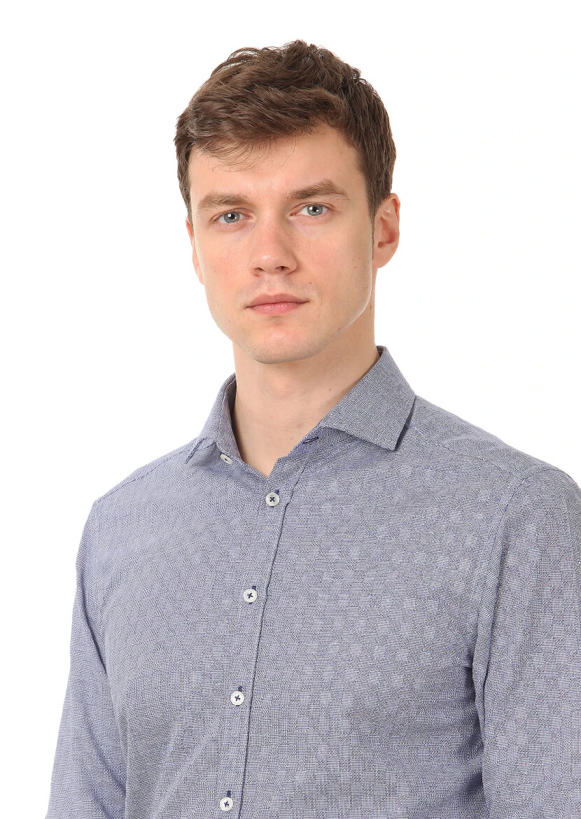 Lacivert Desenli Slim Fit Dokuma Klasik %100 Pamuk Gömlek - 2