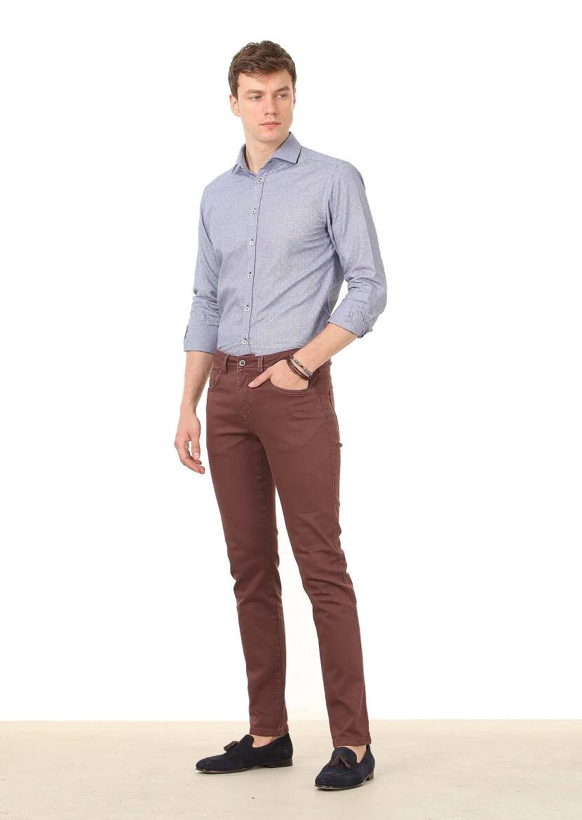 Lacivert Desenli Slim Fit Dokuma Klasik %100 Pamuk Gömlek - 3