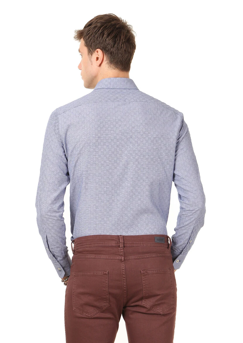 Lacivert Desenli Slim Fit Dokuma Klasik %100 Pamuk Gömlek - 4