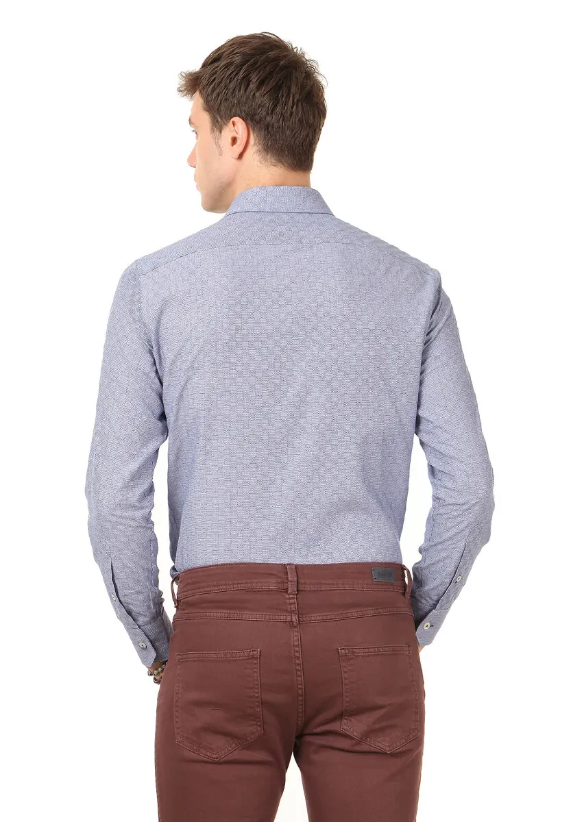 Lacivert Desenli Slim Fit Dokuma Klasik %100 Pamuk Gömlek - 4