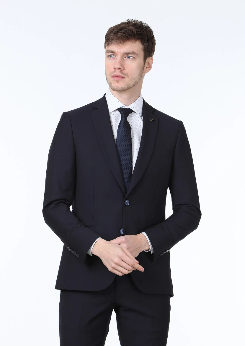 Lacivert Desenli Thin&taller Slim Fit %100 Yün Takım Elbise - 1